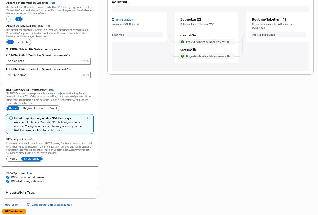 AWS VPC Wizard Detailansicht für zwei öffentliche Subnetze